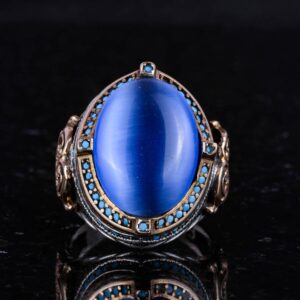 925 Ayar Gümüş Erkek Yüzük, Yapay Mavi Kedi Gözü Taşı, El Yapımı Vintage Tasarım İfadeli Yüzük - Görsel 4