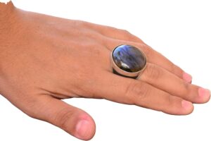 Doğal Labradorit Yuvarlak Taş Yüzük - 925 Ayar Gümüş Erkek Büyük Yüzük - Görsel 6