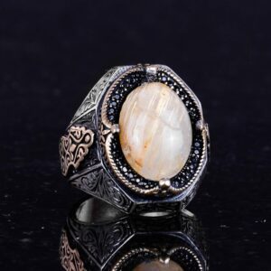 925 Ayar Katı Gümüş Erkek Yüzük - Gerçek Doğal Cabochon Altın Rutilat Kuvars Taş Yüzük - Görsel 6