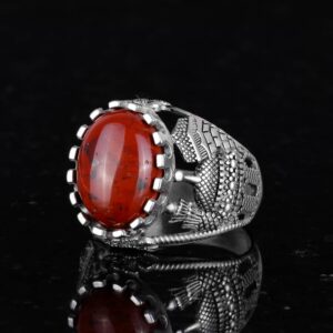İslam Doğal Kan Taşı Yüzüğü, 925 Ayar Gümüş Yüzük Erkekler İçin, Farklı Yüzük - Görsel 5