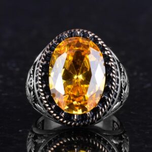 925 Ayar Gümüş Yüzük, Yapay Taş Yüzük, Kartal Sembol Yüzüğü, El Yapımı Yüzük (Yapay Sitrin) - Görsel 4