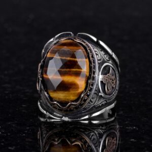Osmanlı Tuğra Gümüş Yüzük, Doğal Taş Yüzük, 925 Ayar Gümüş Erkek Yüzük (Kaplan Göz) - Görsel 5