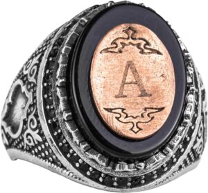 Kişiselleştirilebilir Monogram Oniks Taşlı Yüzük - 925 Ayar Gümüş Kişisel Yüzük Erkekler İçin - Görsel 1