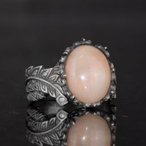 El Yapımı 925 Ayar Gümüş Erkek Yüzük Doğal Opal Taşı - Yaprak Desenli İfade Yüzüğü (Model-1) - Görsel 5