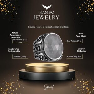 Doğal Akvamarin Taşlı Yüzük, Huzur Verici 925 Ayar Sert Gümüş Erkek Yüzüğü, Tasarım Gümüş Erkek Yüzüğü - Görsel 2