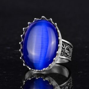 925 Ayar Gümüş Yüzük - Büyük Yüzük - Yapay Taşlı Gümüş Yüzük - El Yapımı Yüzük (Yapay Mavi Kedi Gözü) - Görsel 6