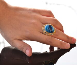 Gerçek Doğal Taş Yüzük, 925 Ayar Gümüş Kral - Altın Kaplama (Mavi Akik) - Görsel 6