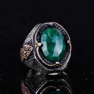 Doğal Zümrüt Taşlı Yüzük - 925 Ayar Gümüş Yüzük Erkekler İçin, Farklı Yüzük - Görsel 6