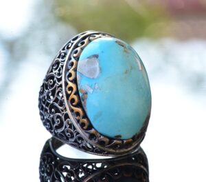 Gerçek Doğal Arizona Turkuaz Taşlı Yüzük, 925 Ayar Gümüş Erkek Yüzük - Görsel 3