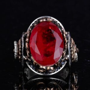 925 Ayar Gümüş Yüzük, Kırmızı Paraiba Yapay Taş Yüzük, Aslan Sembol Yüzük - Görsel 3