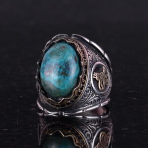 Gerçek Doğal Krysokolla Taşı Yüzük, Osmanlı Tuğra Gümüş Yüzük, 925 Ayar Katı Gümüş Erkek Yüzüğü - Görsel 5