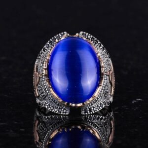 Yapay Navy Mavi Kedi Gözü Taşlı Yüzük, 925 Ayar Gümüş Taşlı Yüzük - Görsel 5