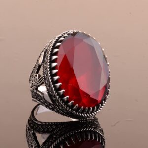 925 Ayar Gümüş Erkek Osmanlı Mühür Yüzük Yapay Granat Taşı ile - Görsel 5