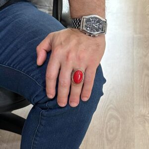 925 Ayar Gümüş Erkek Yüzüğü, Büyük Yüzük (Kırmızı Mercan Yapay Taş) - Görsel 3