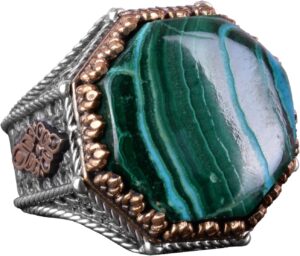 Gerçek Doğal Taş Yüzük - Sekizgen Tasarım - El Yapımı 925 Ayar Gümüş Takı (Krisokolla) - Görsel 1