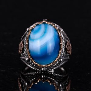 Gerçek Doğal Mavi Agat Taş Yüzük, 925 Ayar Gümüş Yüzük Erkekler İçin, Farklı Yüzük - Görsel 4