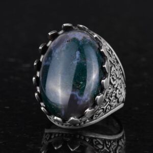 Gerçek Doğal Yosunlu Akik Taş Yüzük - Gül Desenli Yüzük - 925 Ayar Gümüş Yüzük - El Yapımı Büyük Yüzük - Görsel 6