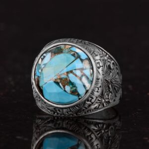 Gerçek Doğal Turkuaz Taşlı, Ayrıntılı Çiçek Tasarımlı Gümüş Erkek Yüzük - Görsel 6