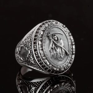 Kafatası Yüzük ile Azrail Tasarımı - 925 Ayar Gümüş Yüzük - El Yapımı Gotik Takı - Görsel 5