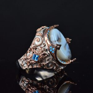 Gerçek Doğal Yemeni Akik Taşı Yüzük, Sultan Tasarımı, 925 Ayar Gümüş Erkek Yüzük Altın Kaplama - Görsel 4