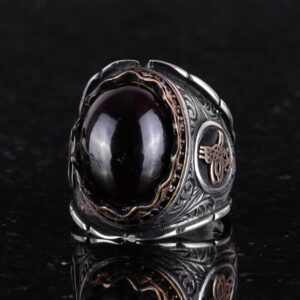 925 Ayar Gümüş Yüzük, Gerçek Doğal Garnet Taşlı Yüzük, Osmanlı Tuğra Yüzüğü - Görsel 5