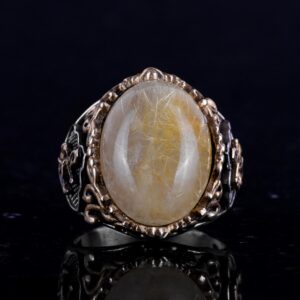 Yelkenci Çapa Yüzüğü, Cabochon Altın Rutilatlı Kuvars Taşlı Yüzük, 925 Ayar Katı Gümüş Erkek Yüzüğü - Görsel 5