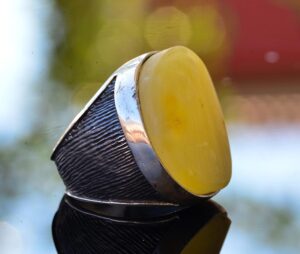 Gerçek Doğal Bal Kehribar Büyük Yuvarlak Taş Yüzük, 925 Ayar Gümüş Erkek Yüzüğü - Görsel 4