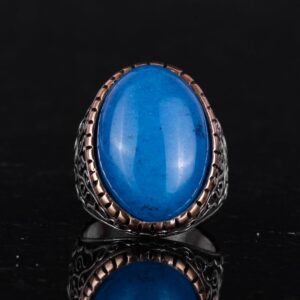 Doğal Mavi Akik Taşı Yüzük, %925 Katı Gümüş Yüzük Erkekler İçin, Büyük Yüzük, Tasarım Gümüş Erkek Yüzüğü - Görsel 4