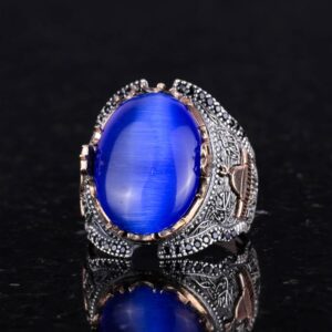 Yapay Navy Mavi Kedi Gözü Taşlı Yüzük, 925 Ayar Gümüş Taşlı Yüzük - Görsel 3