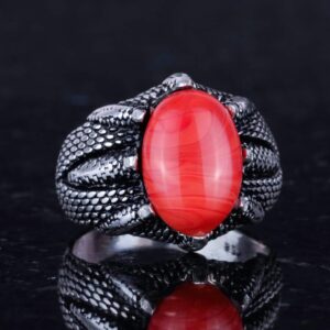 Gerçek Doğal Kırmızı Mercan Taşı ile Yapılmış Gümüş Pençe Yüzük - Görsel 5
