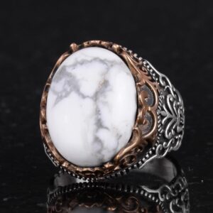 Gerçek Doğal Taş El Yapımı Yüzük - 925 Ayar Gümüş El Yapımı Yüzük - Şık Farklı Yüzük (Howlite) - Görsel 6