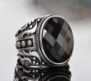 925 Ayar Gümüş Erkek Yüzük, Doğal Siyah Oniks Taşı, Karmaşık Etnik Tasarım, El Yapımı Gümüş Yüzük - Görsel 3