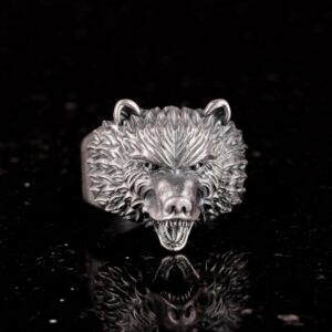 Ayı Başlı Erkek Yüzük - Hayvan Yüzüğü, Kızgın Ayı Başlı Erkek Yüzüğü, 925 Ayar Gümüş Yüzük - Görsel 3