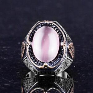 925 Ayar Gümüş Yüzük, Pembe Kedi Gözü Oluşturulmuş Taş Yüzük, Tasarım Gümüş Erkek Yüzüğü - Görsel 4