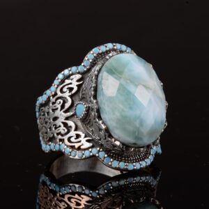 El Yapımı 925 Ayar Gümüş Erkek Yüzük - Doğal Taşlı Tasarım (Larimar) - Görsel 4