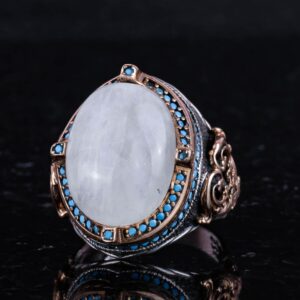 925 Ayar Gümüş Yüzük ile Doğal Ay Taşı, El Yapımı Erkek Yüzük, Vintage Tasarım - Görsel 6