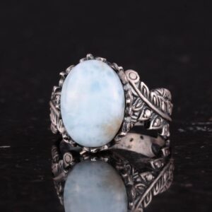 Sterling Gümüş Kadın Yüzük, Gerçek Doğal Larimar Taşı ile, Vintage Bohem Tasarım - Görsel 6