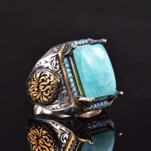 Gerçek Doğal Amazonit Taş Yüzük, Kral Yüzüğü, 925 Ayar Gümüş Yüzük Erkekler İçin - Görsel 4