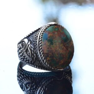 Gerçek Doğal Yeşil Turkuaz (Firuze) Şahin Tasarımlı Yüzük - 925 Ayar Gümüş El Yapımı Erkek Takısı - Görsel 6