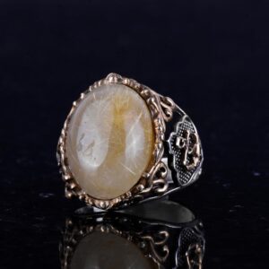 Yelkenci Çapa Yüzüğü, Cabochon Altın Rutilatlı Kuvars Taşlı Yüzük, 925 Ayar Katı Gümüş Erkek Yüzüğü - Görsel 6