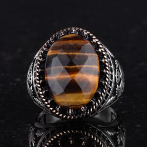 Gerçek Doğal Taş Yüzük - El Yapımı Kartal Yüzük - 925 Ayar Gümüş Yüzük (Kaplan Gözü) - Görsel 4