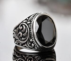 Doğal Obsidyen Taşlı El Yapımı 925 Ayar Gümüş Erkek Yüzük, Karmaşık Bant Tasarımı, Kendine Has Gümüş Yüzük - Görsel 4