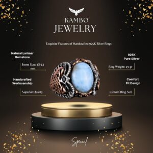 Doğal Larimar Taşlı Yüzük, 925K Saf Gümüş Erkek Yüzüğü, Okyanus Sakinliği Tasarımı - Görsel 6