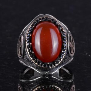 925 Ayar Katı Gümüş Erkek Yüzük Doğal Taşlarla - El Yapımı Şıklık (Kırmızı Akik Taşı) - Görsel 2