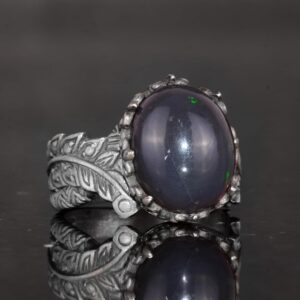 El Yapımı 925 Ayar Gümüş Erkek Yüzük ile Doğal Opal Taşı - Yaprak Desenli İfade Yüzüğü - Görsel 6