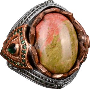 Unakite Gerçek Doğal Taş Yüzük, Sterlin Gümüş Erkek Yüzük - Görsel 1