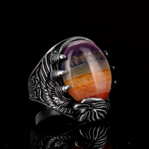 925 Ayar Gümüş Erkek Yüzük, Şahin Pençesi Yüzüğü, 7 Çakra Doğal Taşlardan Oluşan Yüzüğü, Gökkuşağı Yüzüğü - Görsel 4