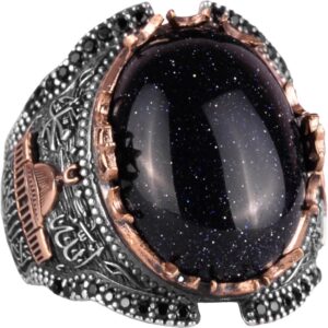 925 Ayar Gümüş Erkek Yüzük, Mavi Güneş Taşı Yapay Taş Yüzük - Görsel 1