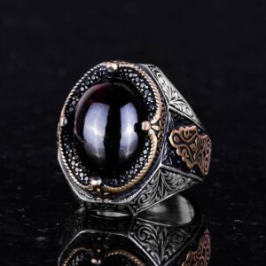 Gerçek Doğal Cabochon Granat Taşlı Yüzük - Derin 925K Katı Gümüş Erkek Yüzüğü - Görsel 5