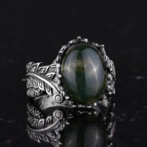 Gerçek Doğal Moss Agat Taşlı Gümüş Bayan Yüzük, Vintage Bohem Tasarım - Görsel 5
